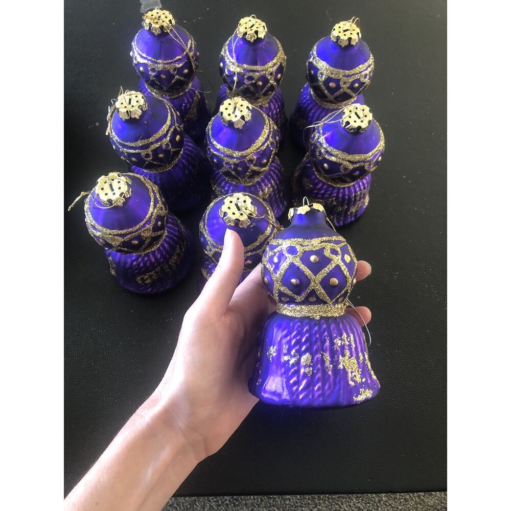 Vtg Jumbo Tiered Christmas Ornaments Lot Of 9 Purple Fused Glass Gold Glitter